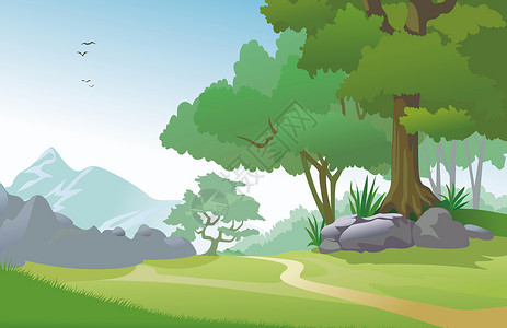 平石头绿色森林背景插画