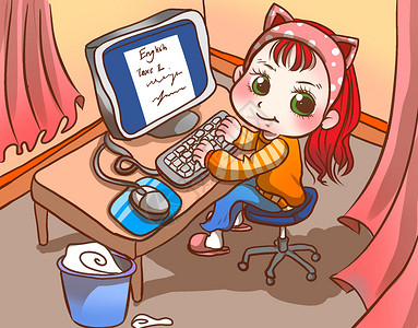 电脑前买东西的女孩学习网络课程的女孩设计图片