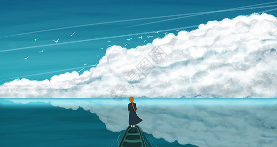 积云和蓝天手绘大海与少女蓝色背景插画