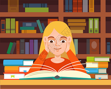 女孩在图书馆在图书馆读书插画