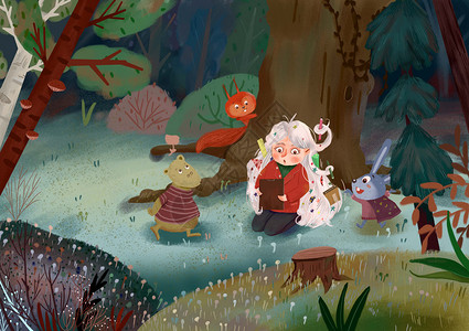 森林里的动物童话森林里看书的女孩插画
