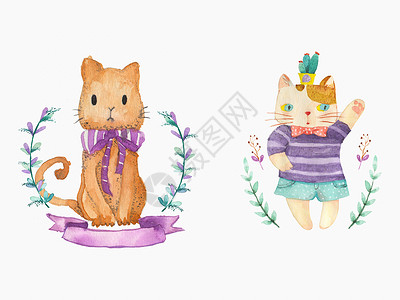 紫色邀请函手绘水彩猫咪插画