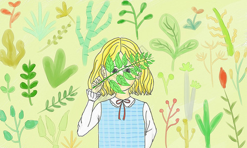 黄头发小女孩植物和小女孩插画