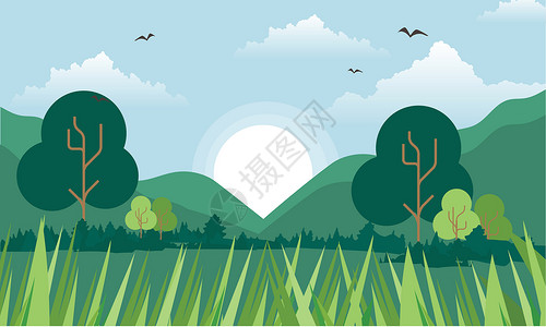 蓝天草地洁净树绿色植被插画背景设计图片