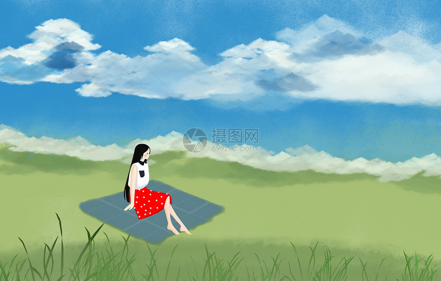 草原的女孩插画图片