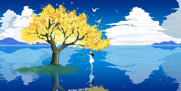 树叶倒影天空之境-祈愿的少女插画