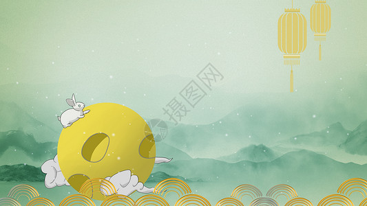 黄色卡通风中秋圆月和兔子设计图片