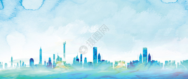 日式插画背景城市水彩插画设计图片