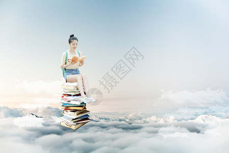 丸子头模特在云端看书的气质女孩设计图片