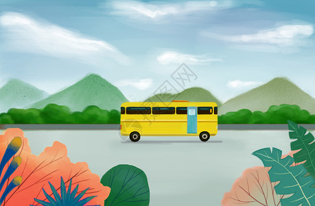 大树叶子素材公路上的公交车插画插画