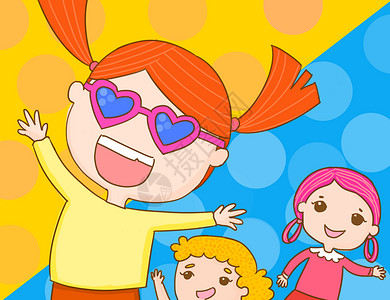 橘色手绘太阳欢快的孩子们插画
