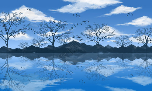 湖水树和山水天一色风景插画