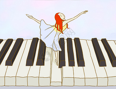 黑白女生在钢琴键上跳舞手绘插画