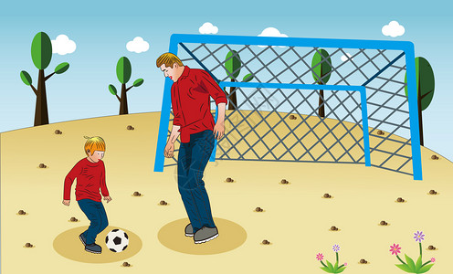 小树成长父子俩在足球场上踢足球插画