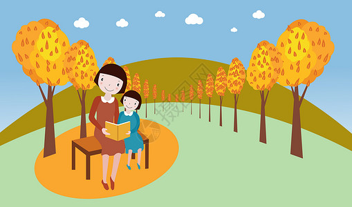 秋天的户外阅读户外亲子读书插画