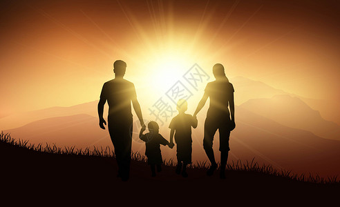 散步的一家人夕阳下的一家人设计图片