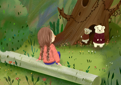 小熊与女孩小女孩与小熊温馨插画插画