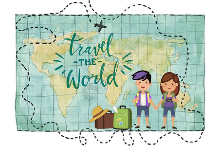 旅行世界地图情侣旅行走遍世界插画