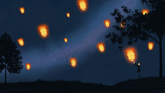 海报漂浮孔明灯与银河插画插画