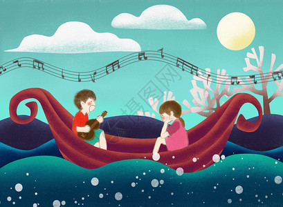 坐在船上男孩在船上给女孩唱歌的男孩插画