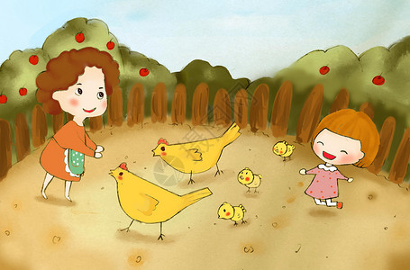 黄色的小鸡喂小鸡的妈妈和女儿插画