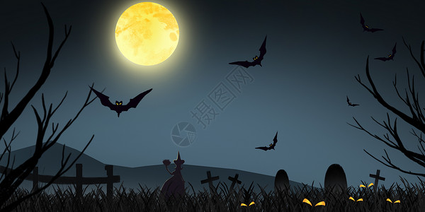 万圣节插画万圣节月亮蝙蝠高清图片
