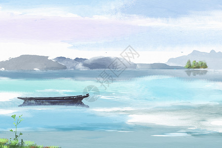 蓝色墨染手绘湖面风景插画
