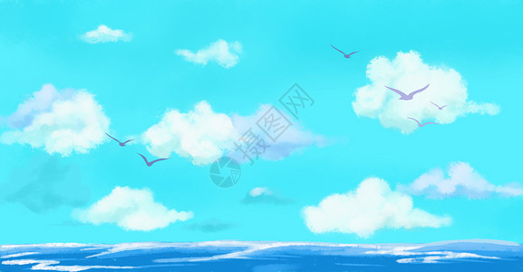 上空的海鸥手绘唯美海面天空背景插画