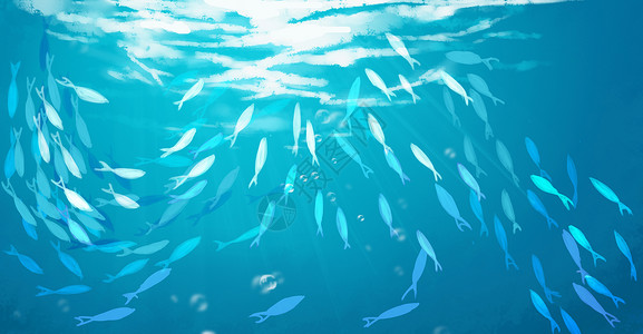 鳡鱼手绘蓝色海洋鱼群背景插画