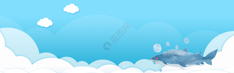 松江鲈鱼可爱蓝色海洋海报背景设计图片