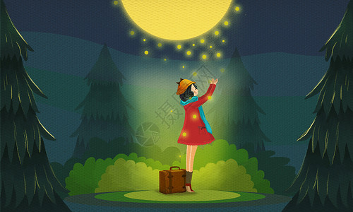 发光的星月光下踮脚祈祷的女孩插画