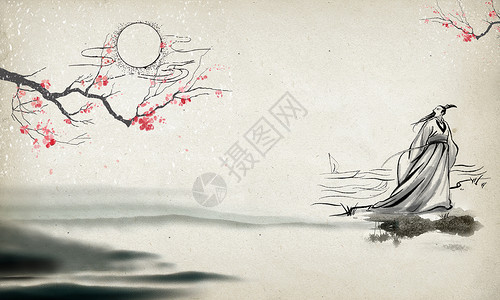 孤独的望月少年中国风写意山水设计图片