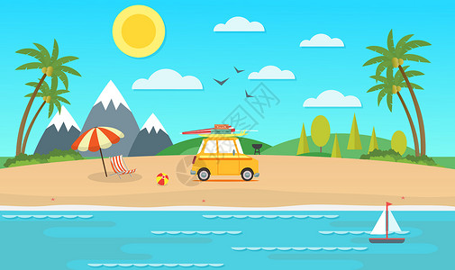 汽车沙滩海滩风情插画