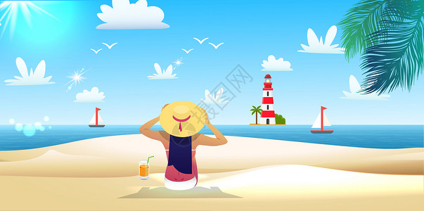 太阳海面海滩风情插画