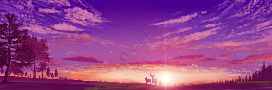 ps麋鹿素材手绘日出时分的朝霞全景插画