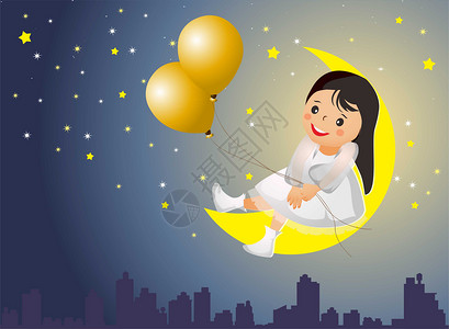卡通月亮气球星空上的女孩设计图片