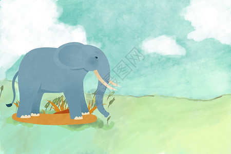 草黄撞色弥散渐变背景草地上的大象手绘插画插画