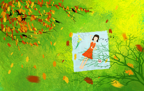 听歌女孩秋天躺在草坪上的女孩插画