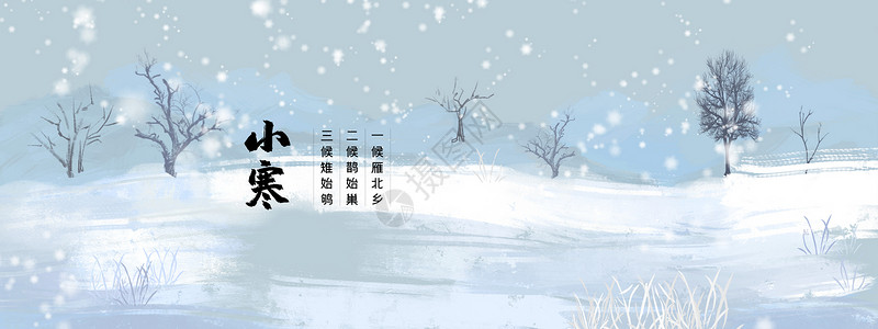 小清新小寒节气插画小寒积雪的树木设计图片