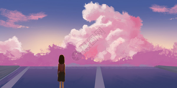 粉色公路少女插画背景图片