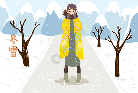 冬雪女孩插画图片