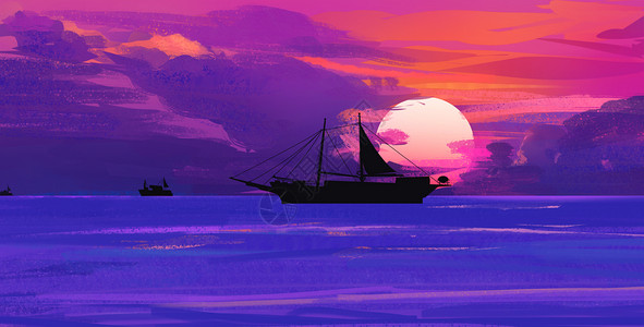 海滩渔船唯美海面手绘插画插画