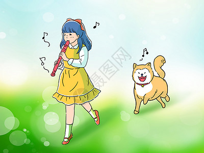 黄色音乐符号小女孩和柴犬狗手绘插画插画