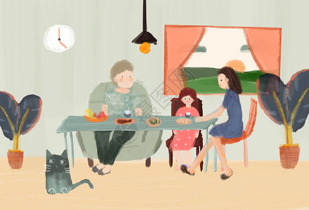 孩子分享小清新一家人吃饭背景图插画
