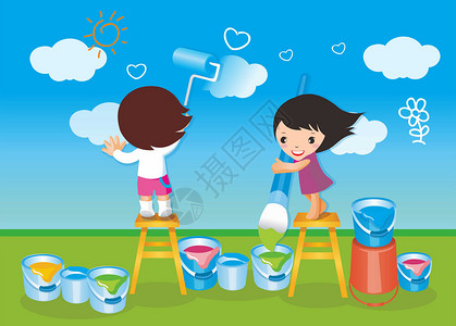 儿童草地玩耍玩耍的孩子插画设计图片