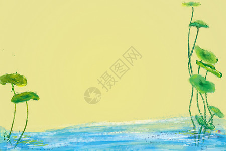 花草山水手绘古风荷花背景设计图片
