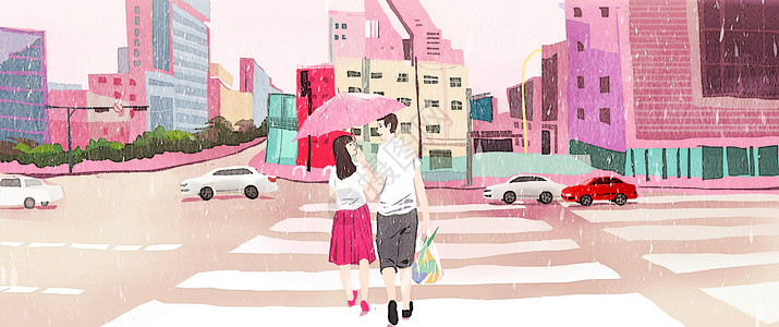 粉红城市情侣插画背景图片