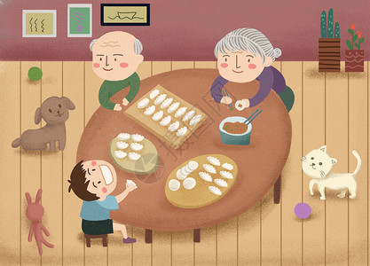 包饺子的家人立冬包饺子 过年包饺子插画