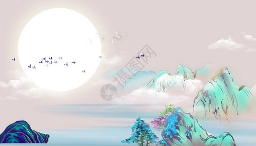 小鸟插画中国风山水背景设计图片