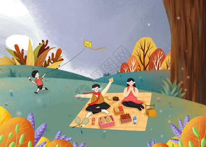 秋天野餐的孩子一家人野餐设计图片